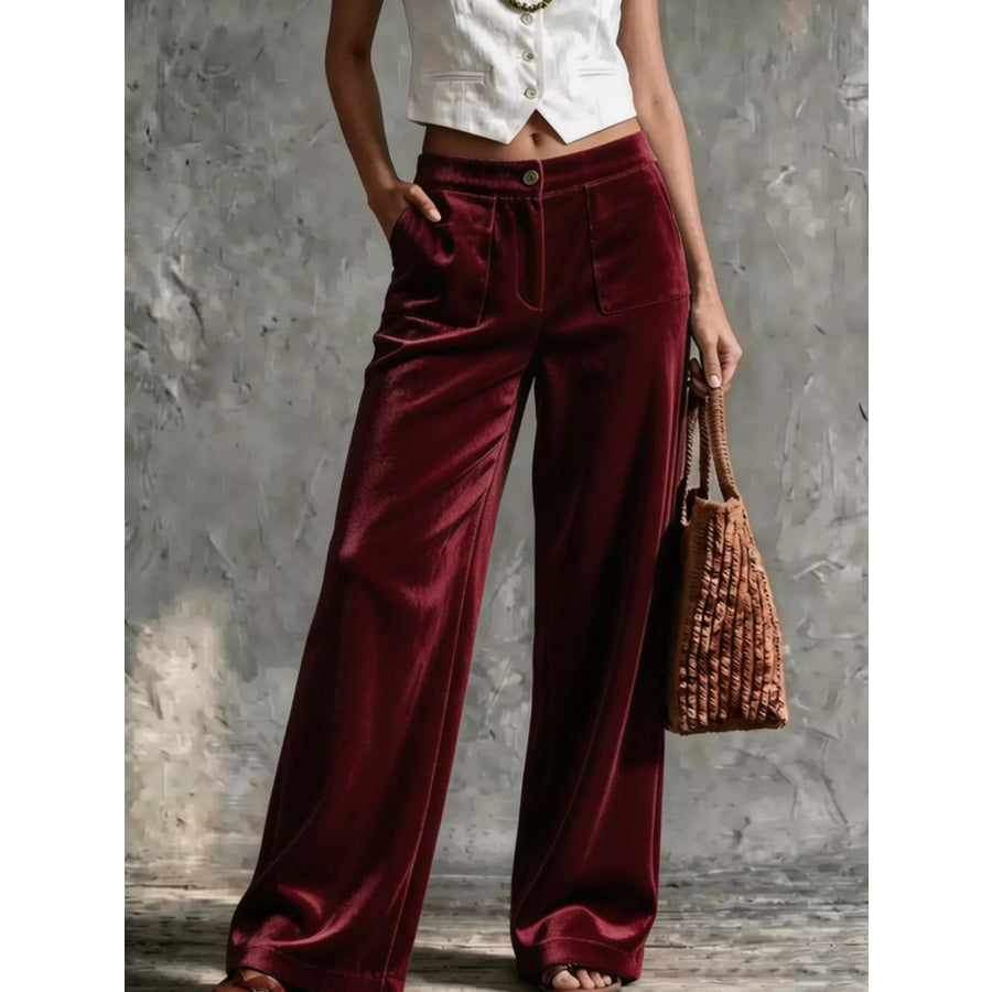 Full Size Velvet Wide-Leg Pants Plus Burgundy / S Apparel and Accessories