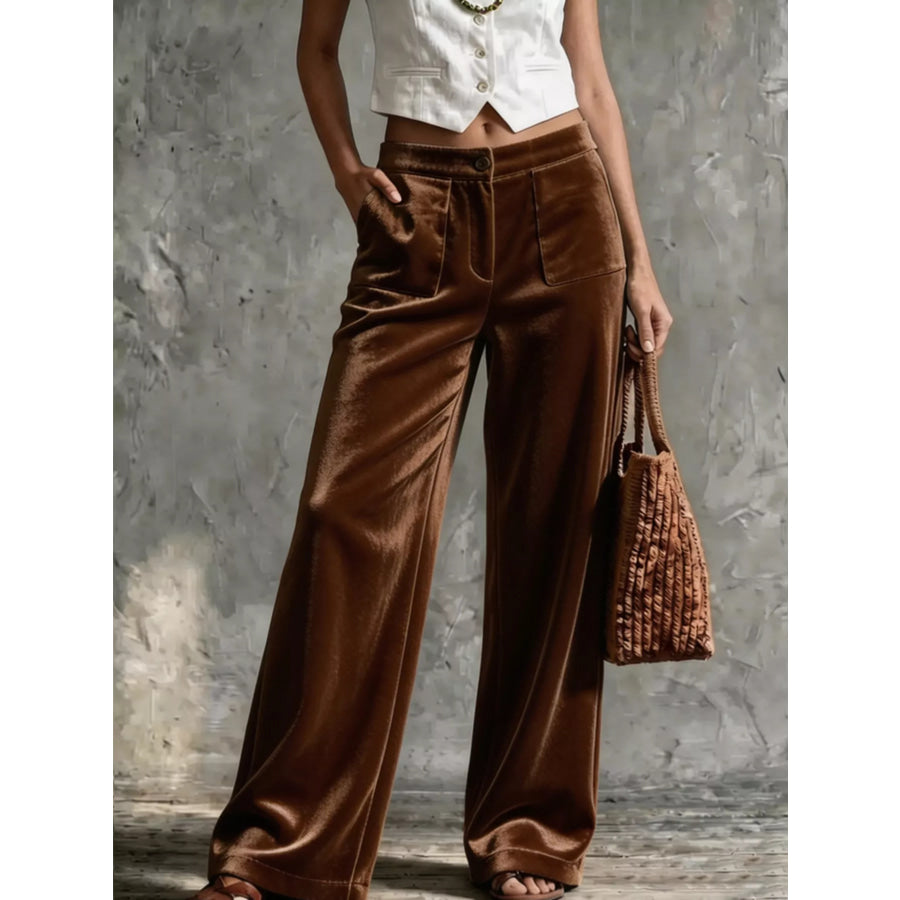 Full Size Velvet Wide-Leg Pants Plus Coffee Brown / S Apparel and Accessories
