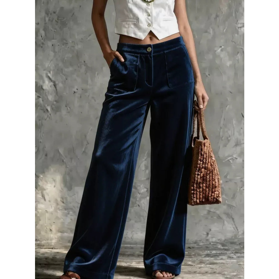 Full Size Velvet Wide-Leg Pants Plus Dark Blue / S Apparel and Accessories