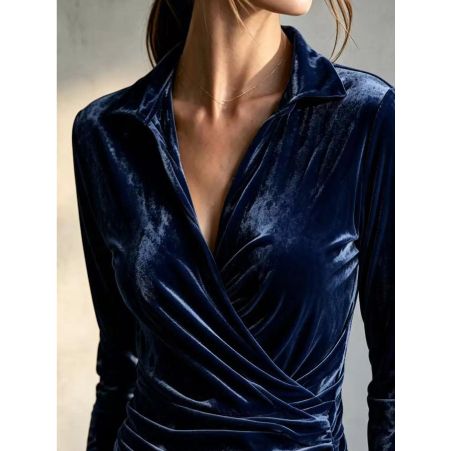 Full Size Velvet Wrap Blouse with Ruched Detail Plus Apparel and Accessories