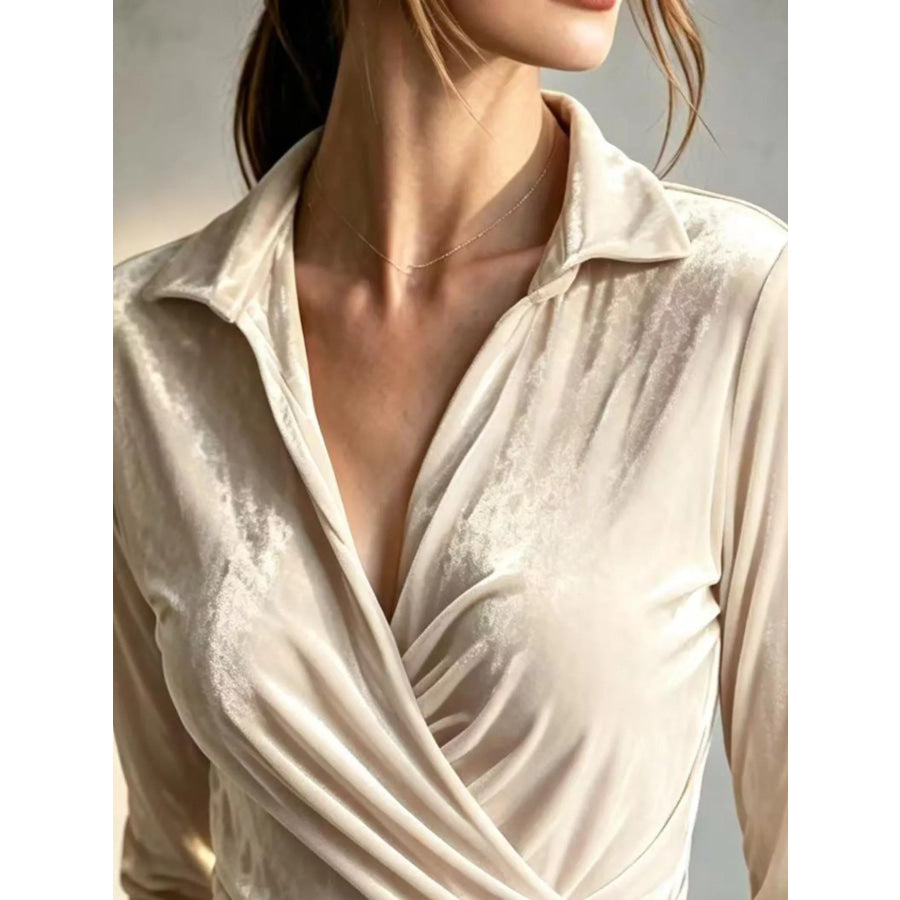Full Size Velvet Wrap Blouse with Ruched Detail Plus Apparel and Accessories