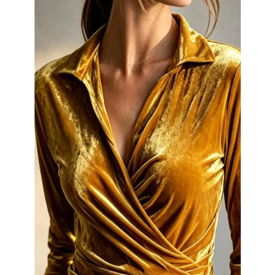 Full Size Velvet Wrap Blouse with Ruched Detail Plus Apparel and Accessories