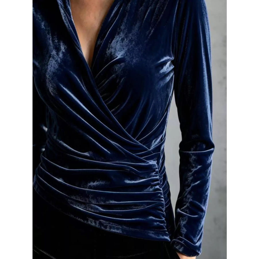 Full Size Velvet Wrap Blouse with Ruched Detail Plus Apparel and Accessories
