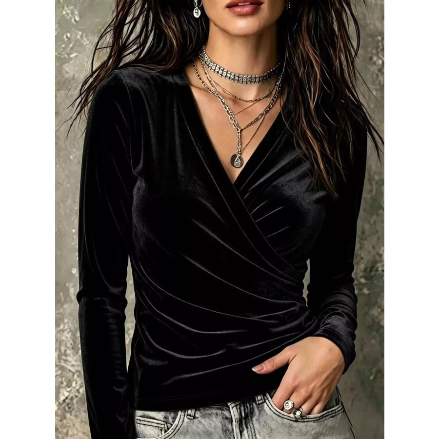 Full Size Velvet Wrap-Front Long Sleeve T-Shirt Plus Black / S Apparel and Accessories