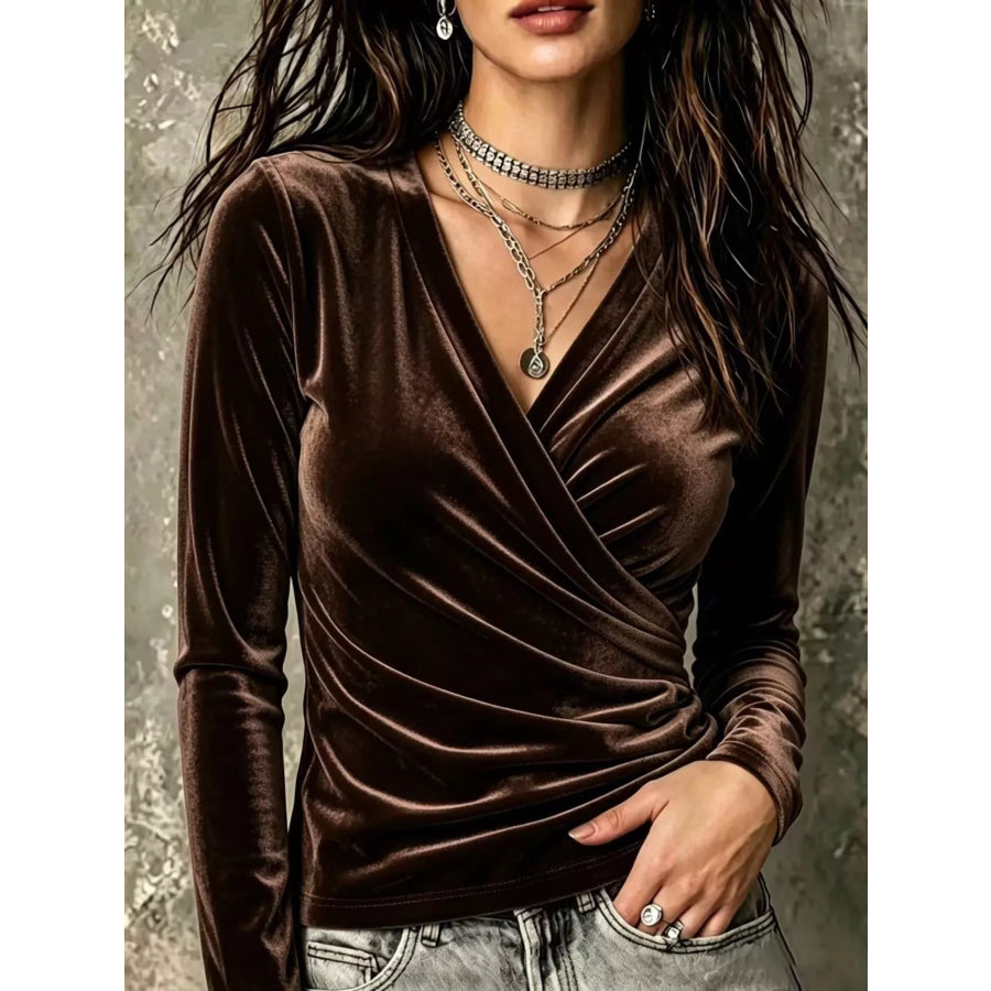 Full Size Velvet Wrap-Front Long Sleeve T-Shirt Plus Brown / S Apparel and Accessories