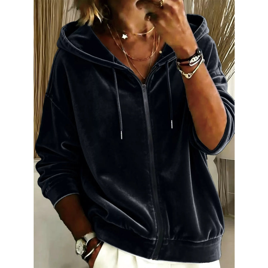 Full Size Velvet Zip-Up Hoodie Plus Black / S Apparel and Accessories