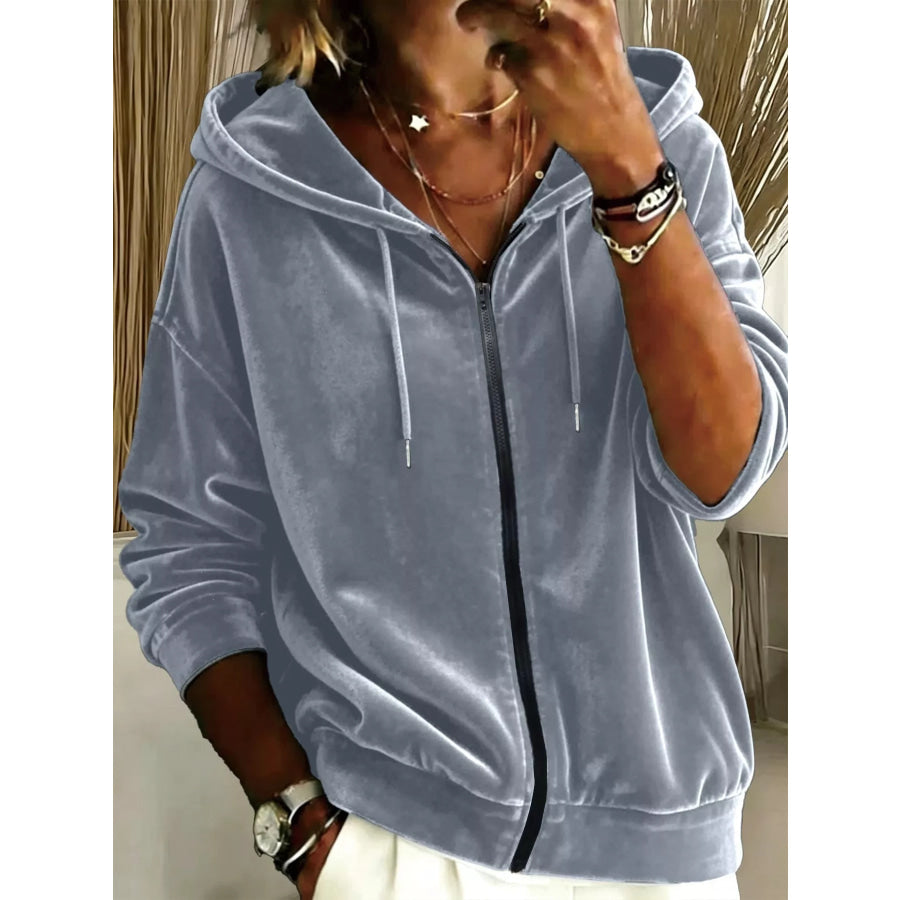 Full Size Velvet Zip-Up Hoodie Plus Blue-gray / S Apparel and Accessories