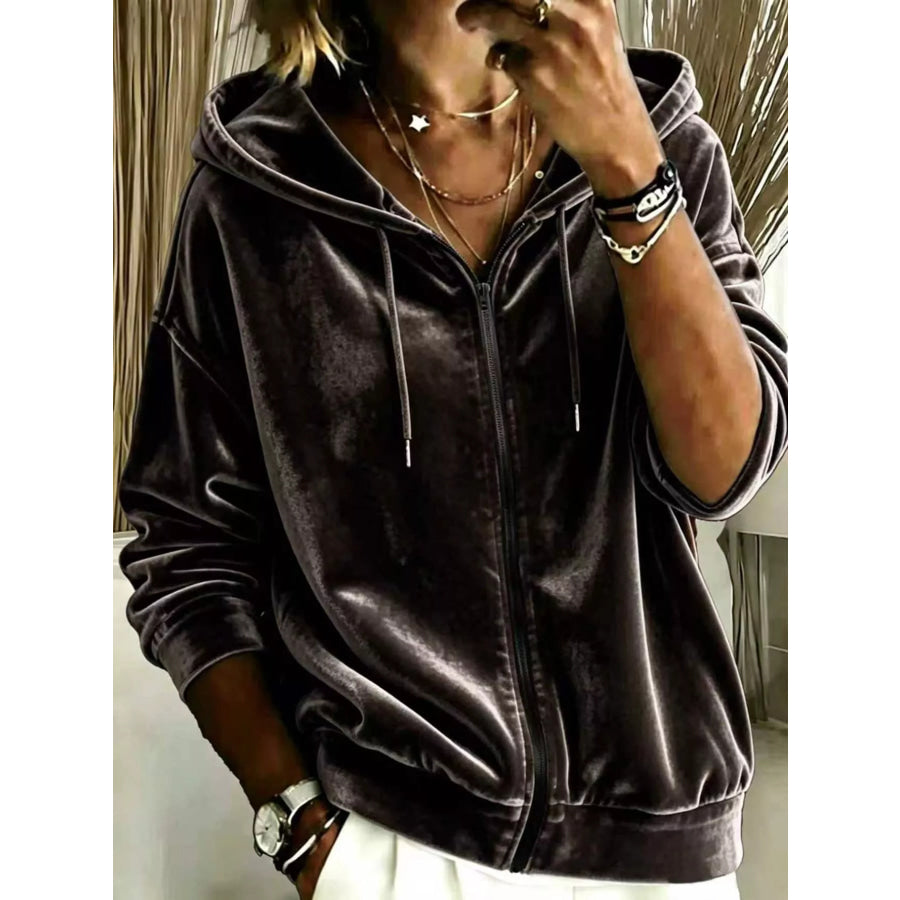 Full Size Velvet Zip-Up Hoodie Plus Brown / S Apparel and Accessories