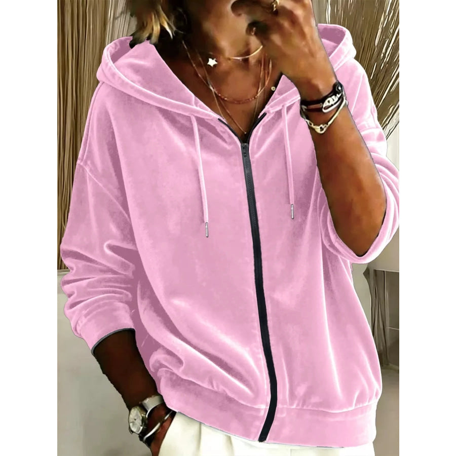 Full Size Velvet Zip-Up Hoodie Plus Pink / S Apparel and Accessories