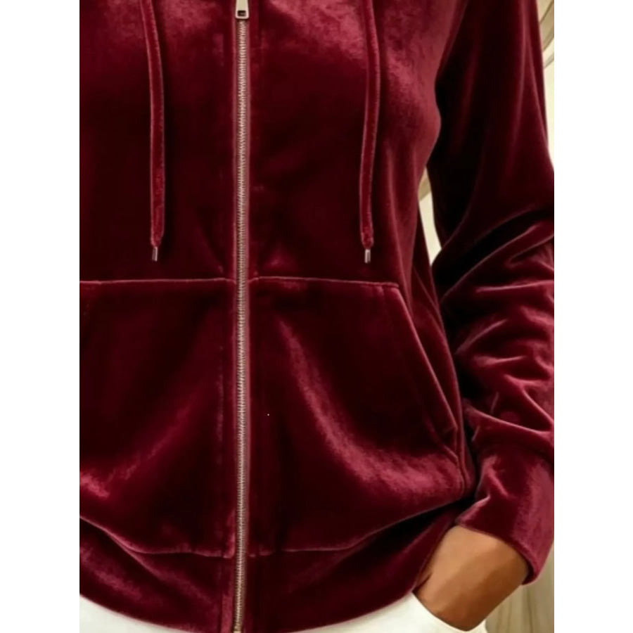 Full Size Velvet Zip-Up Hoodie with Drawstring Plus Size Apparel and Accessories