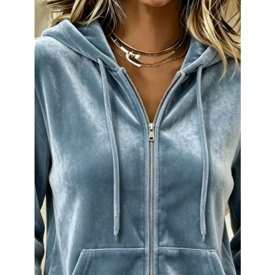 Full Size Velvet Zip-Up Hoodie with Drawstring Plus Size Apparel and Accessories