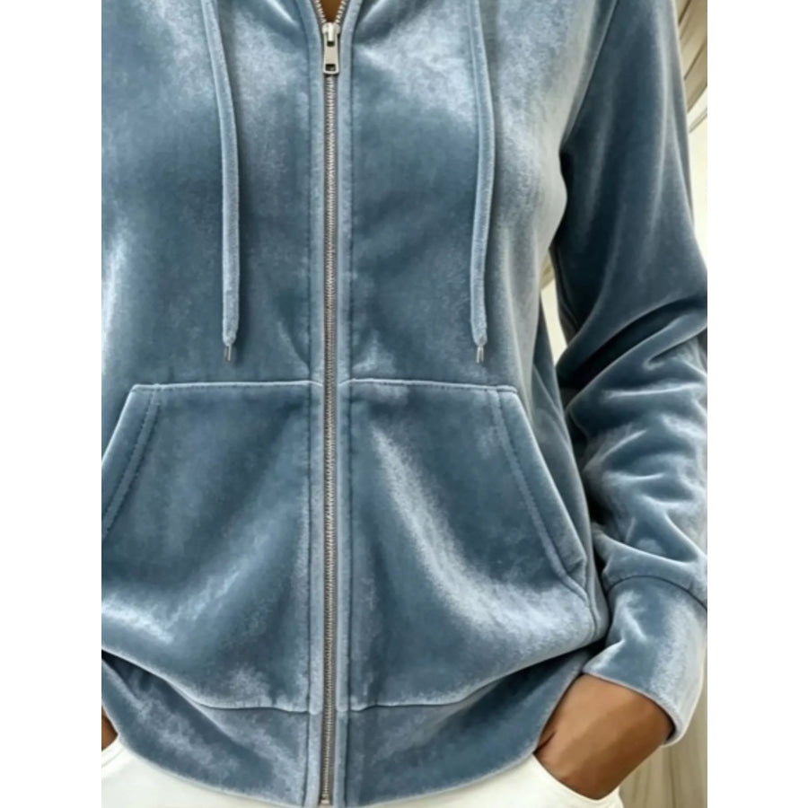 Full Size Velvet Zip-Up Hoodie with Drawstring Plus Size Apparel and Accessories