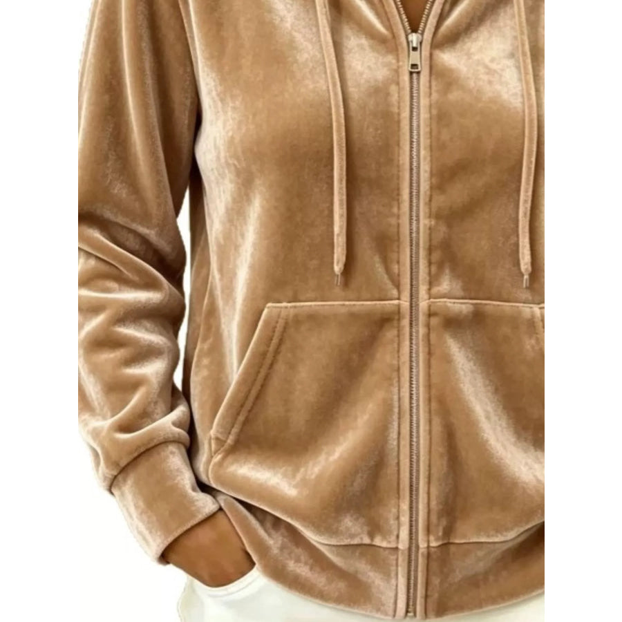 Full Size Velvet Zip-Up Hoodie with Drawstring Plus Size Apparel and Accessories