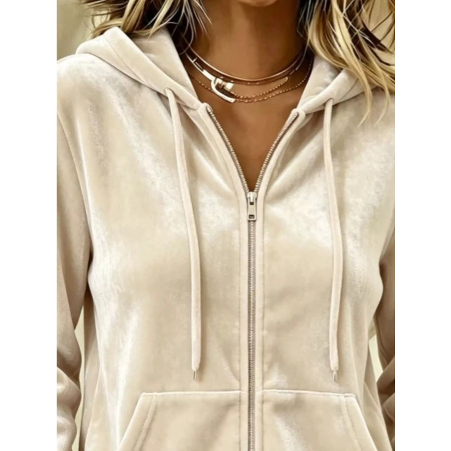 Full Size Velvet Zip-Up Hoodie with Drawstring Plus Size Apparel and Accessories