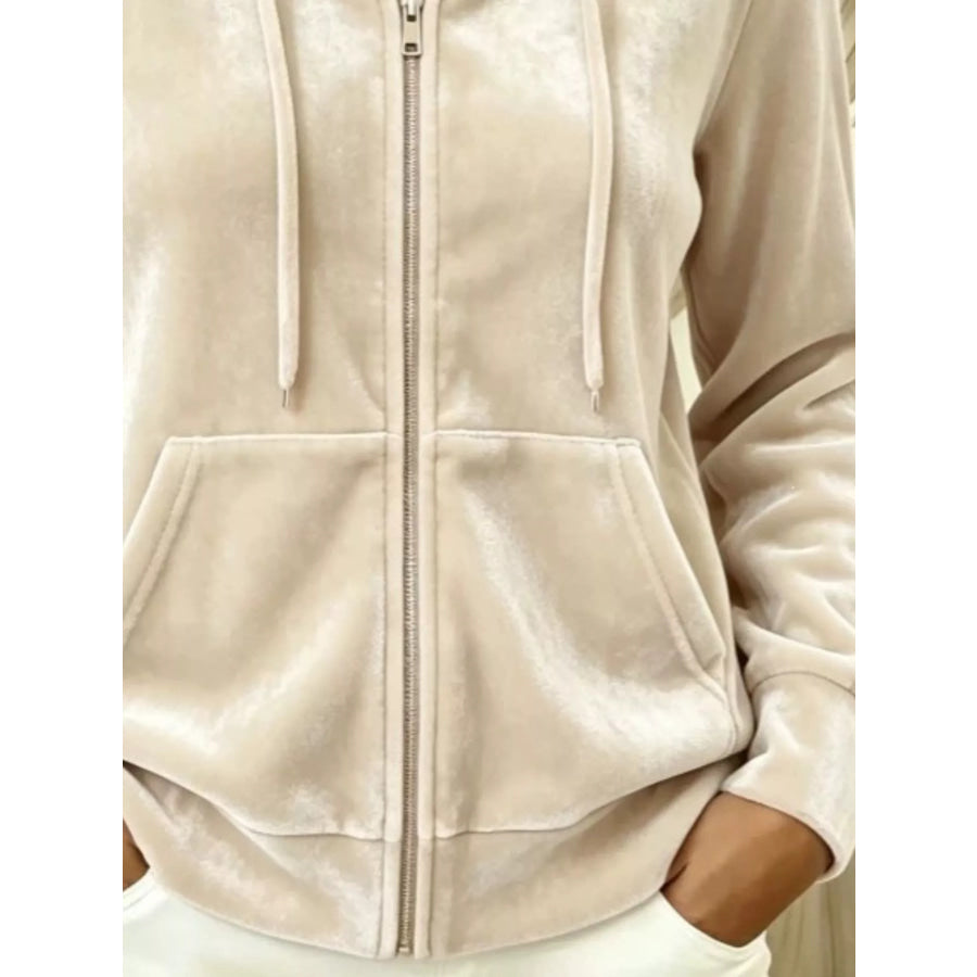 Full Size Velvet Zip-Up Hoodie with Drawstring Plus Size Apparel and Accessories