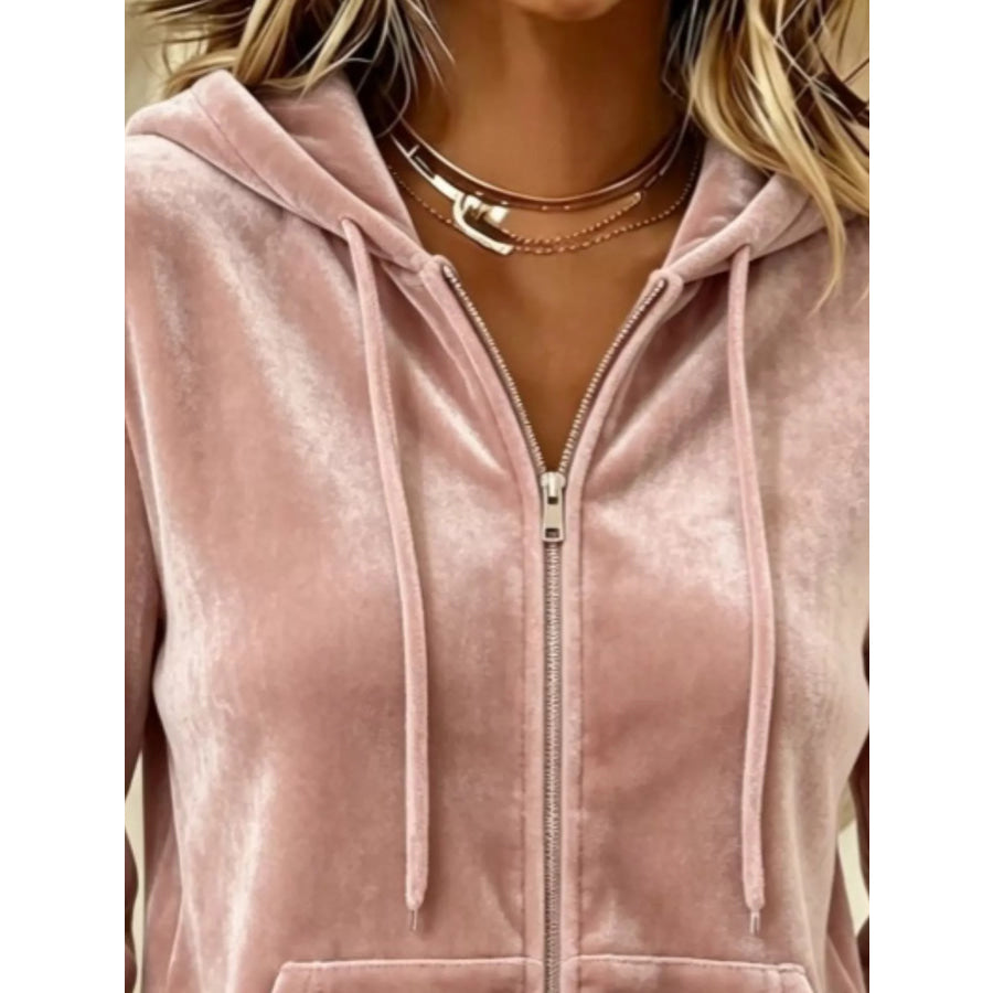 Full Size Velvet Zip-Up Hoodie with Drawstring Plus Size Apparel and Accessories