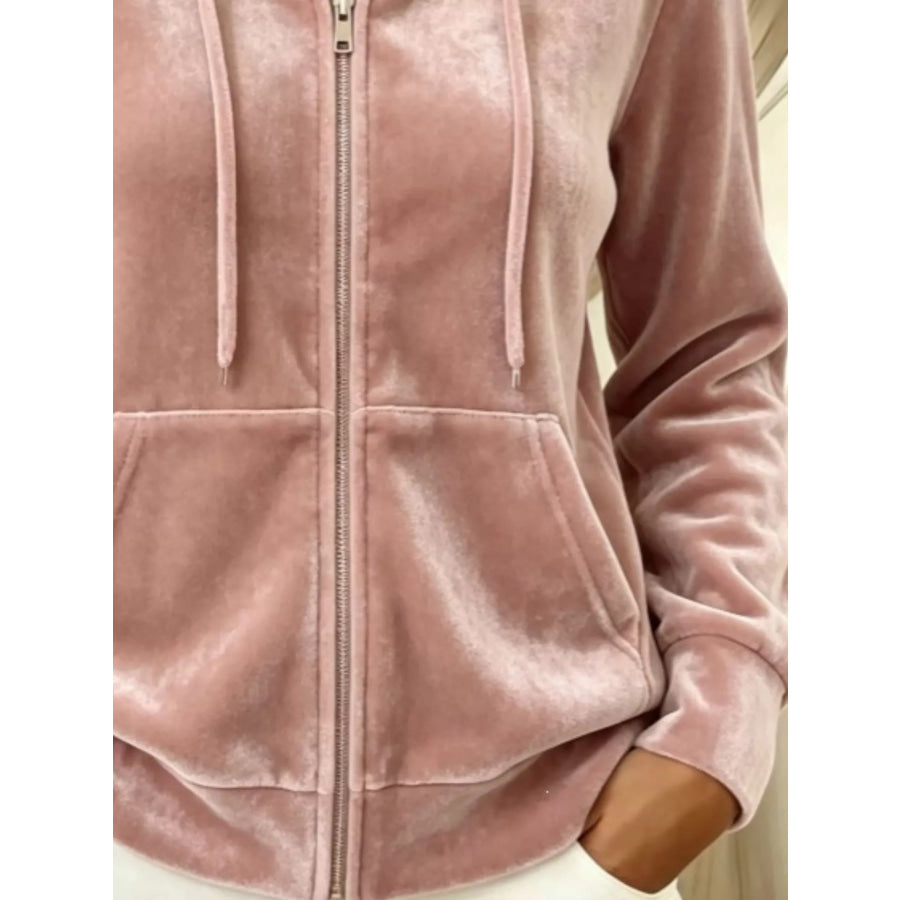 Full Size Velvet Zip-Up Hoodie with Drawstring Plus Size Apparel and Accessories