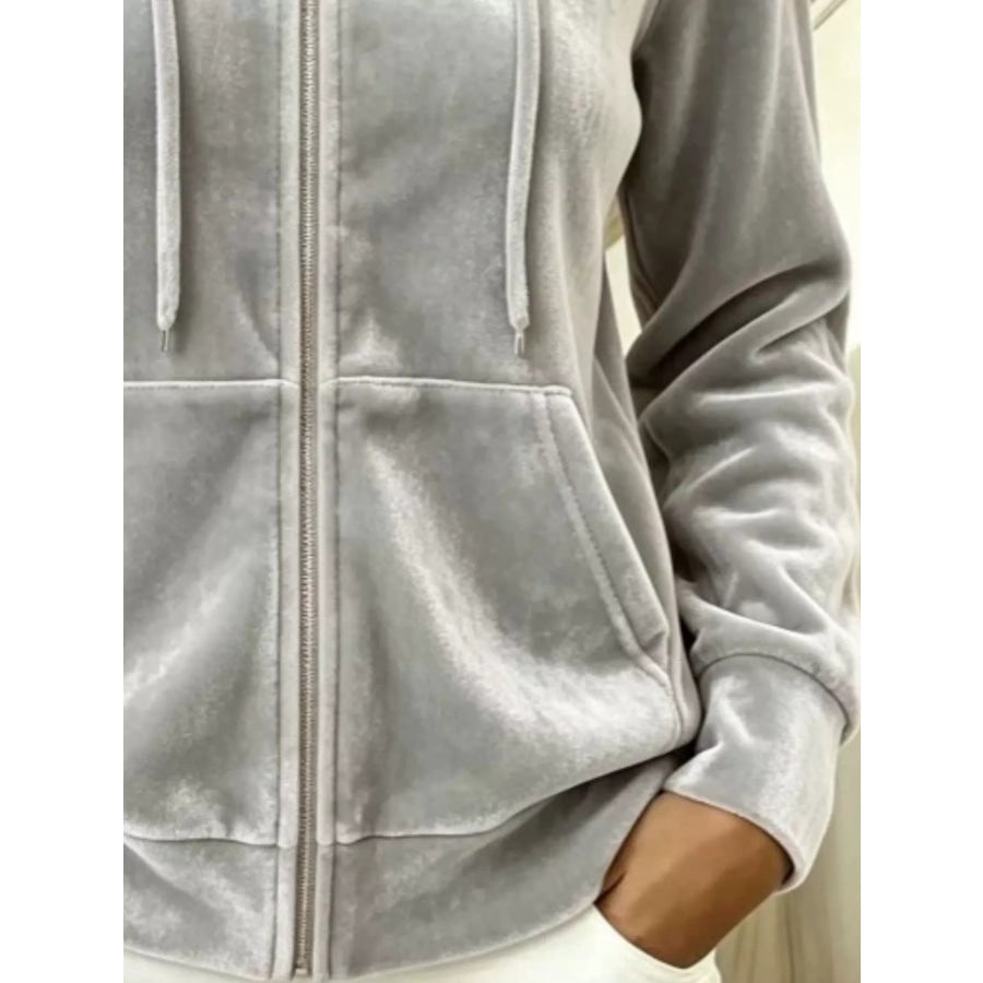 Full Size Velvet Zip-Up Hoodie with Drawstring Plus Size Apparel and Accessories