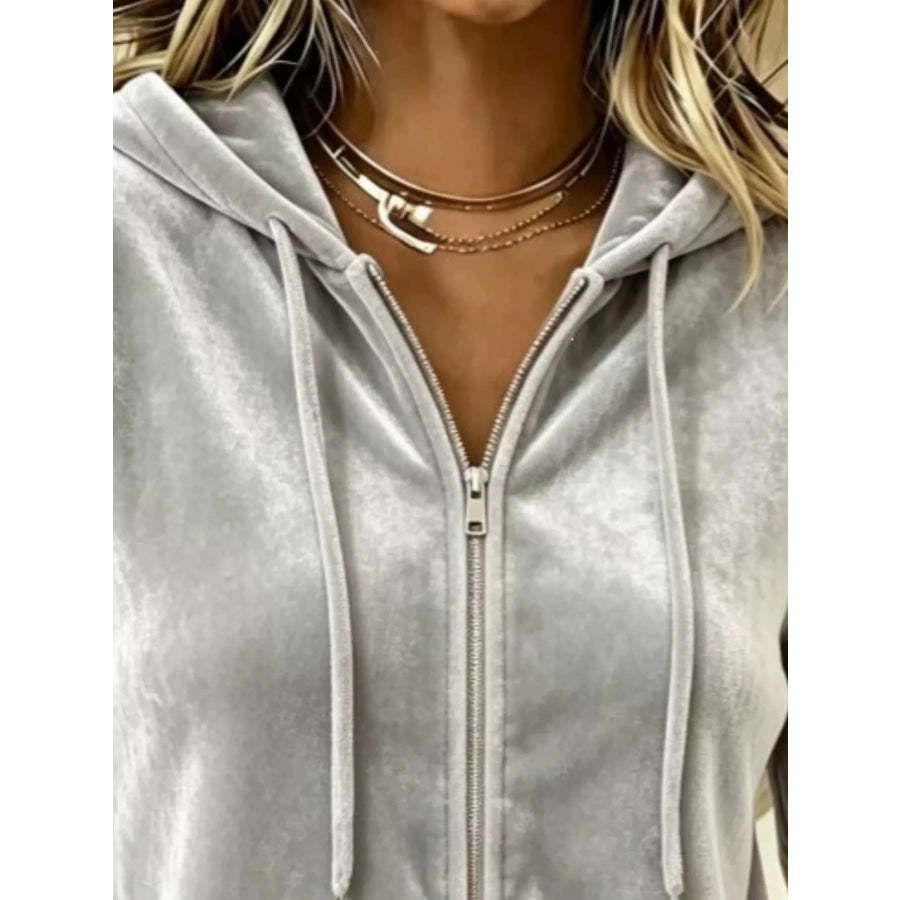 Full Size Velvet Zip-Up Hoodie with Drawstring Plus Size Apparel and Accessories