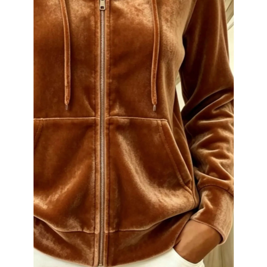 Full Size Velvet Zip-Up Hoodie with Drawstring Plus Size Apparel and Accessories