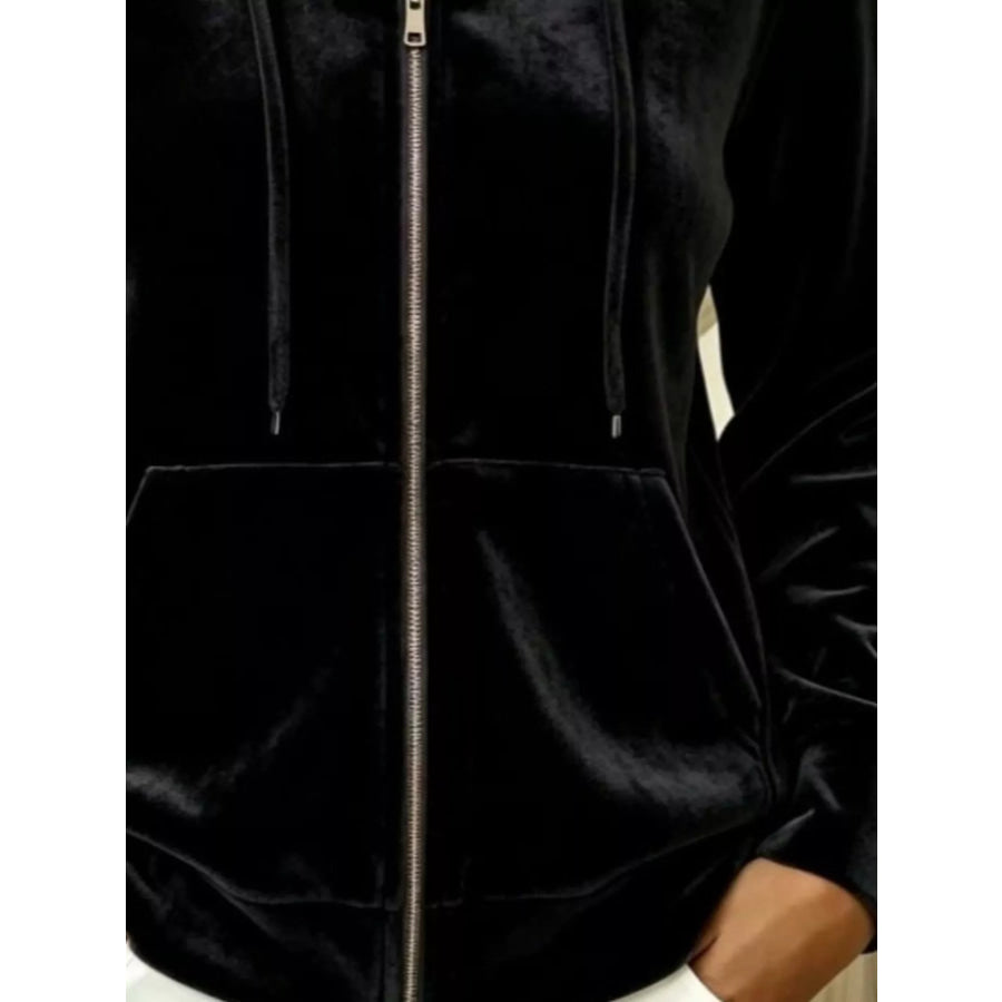 Full Size Velvet Zip-Up Hoodie with Drawstring Plus Size Apparel and Accessories