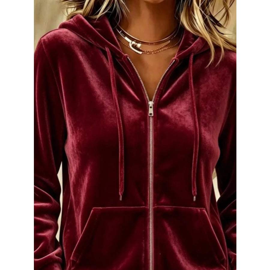 Full Size Velvet Zip-Up Hoodie with Drawstring Plus Size Apparel and Accessories