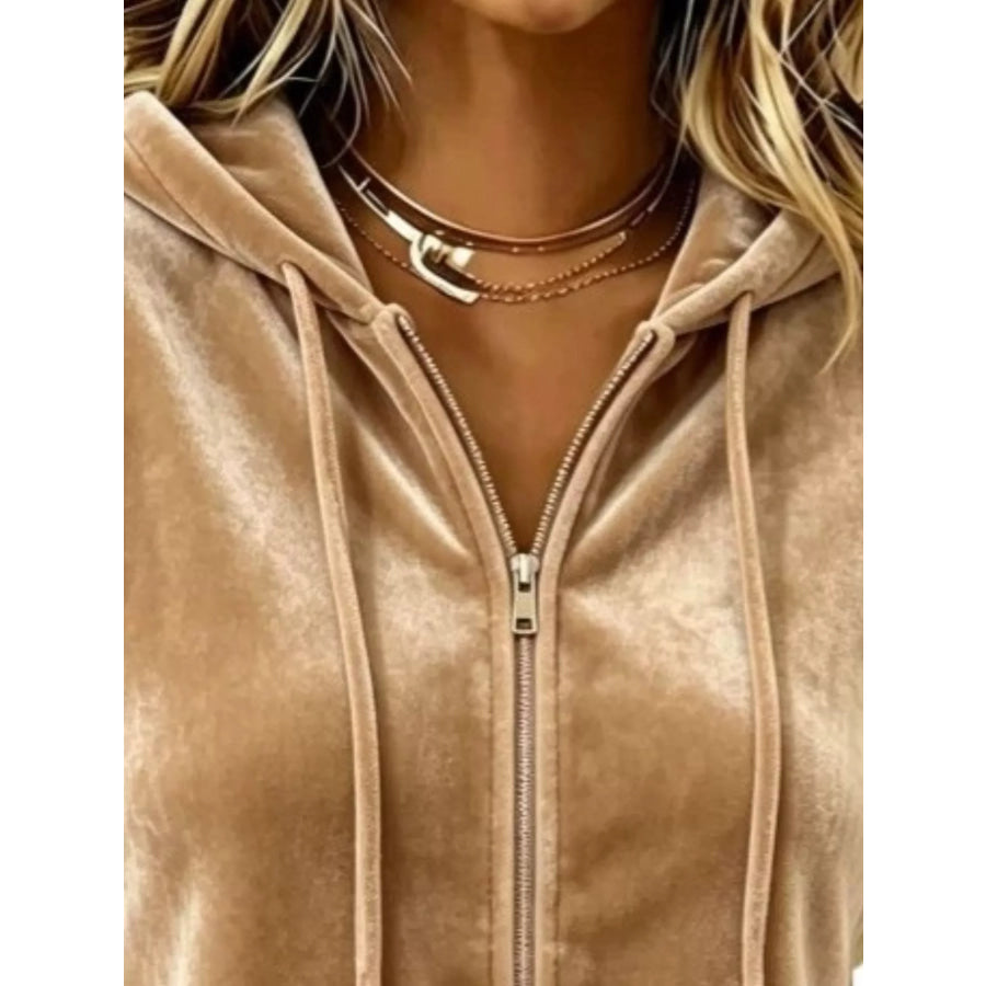 Full Size Velvet Zip-Up Hoodie with Drawstring Plus Size Apparel and Accessories