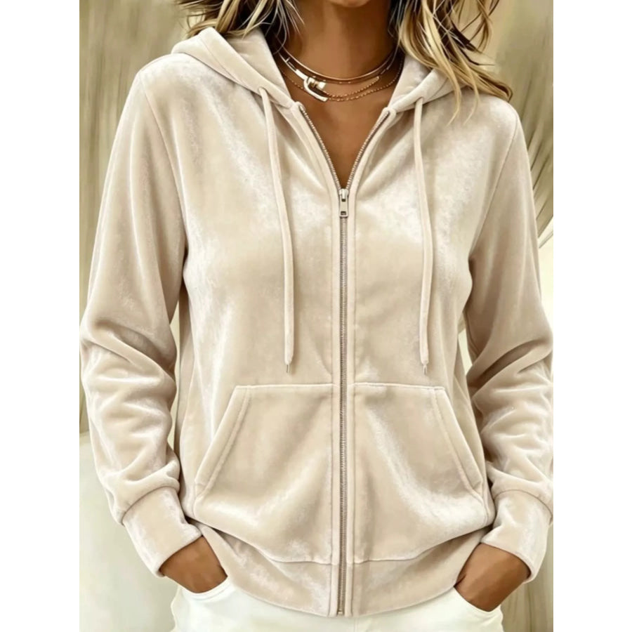 Full Size Velvet Zip-Up Hoodie with Drawstring Plus Size Beige / S Apparel and Accessories