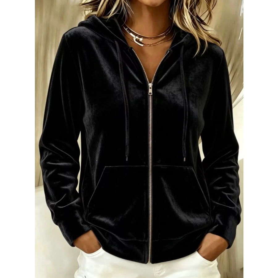 Full Size Velvet Zip-Up Hoodie with Drawstring Plus Size Black / S Apparel and Accessories