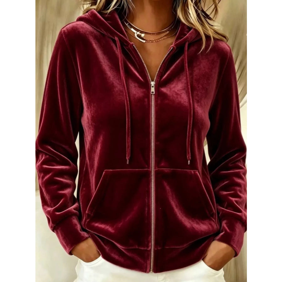 Full Size Velvet Zip-Up Hoodie with Drawstring Plus Size Burgundy / S Apparel and Accessories