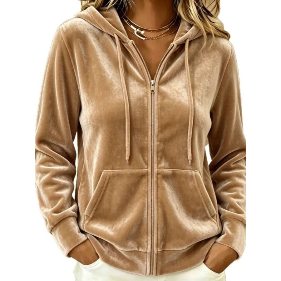 Full Size Velvet Zip-Up Hoodie with Drawstring Plus Size Camel / S Apparel and Accessories