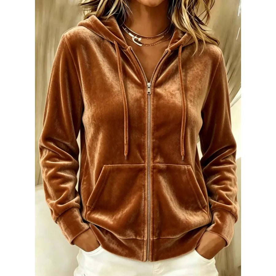 Full Size Velvet Zip-Up Hoodie with Drawstring Plus Size Caramel / S Apparel and Accessories
