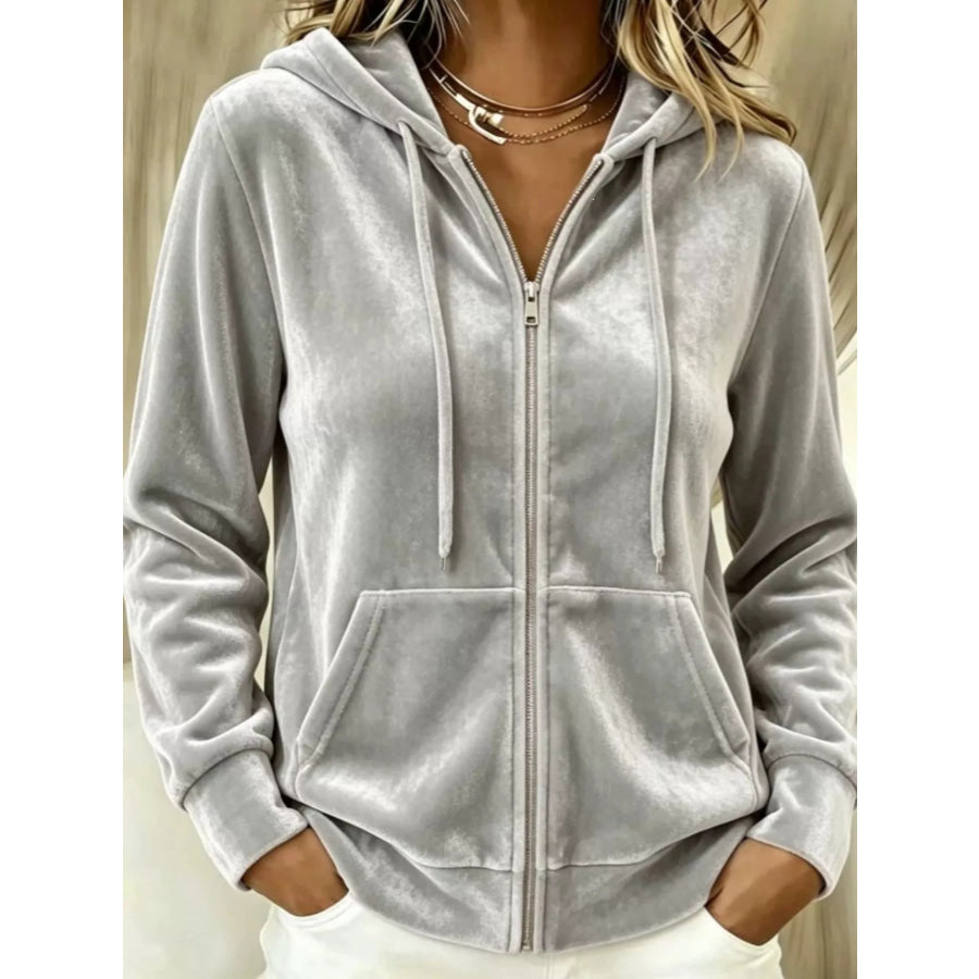 Full Size Velvet Zip-Up Hoodie with Drawstring Plus Size Light Gray / S Apparel and Accessories