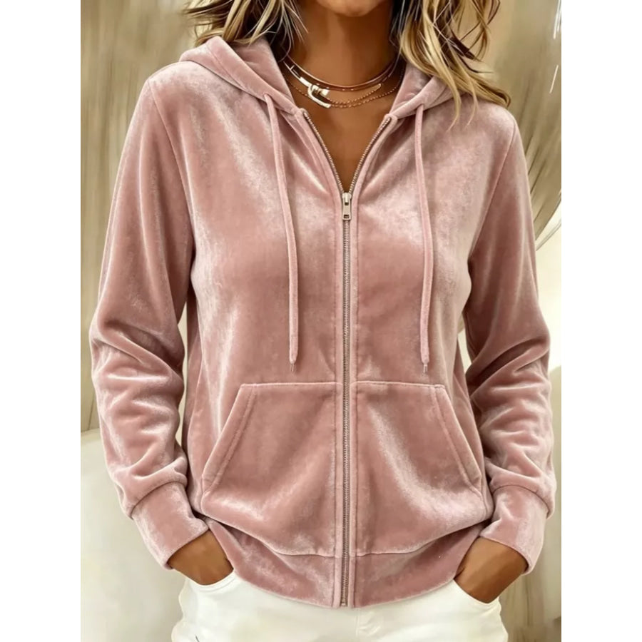 Full Size Velvet Zip-Up Hoodie with Drawstring Plus Size Pink / S Apparel and Accessories