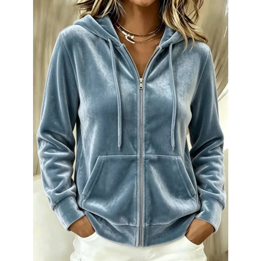Full Size Velvet Zip-Up Hoodie with Drawstring Plus Size Sea Blue / S Apparel and Accessories