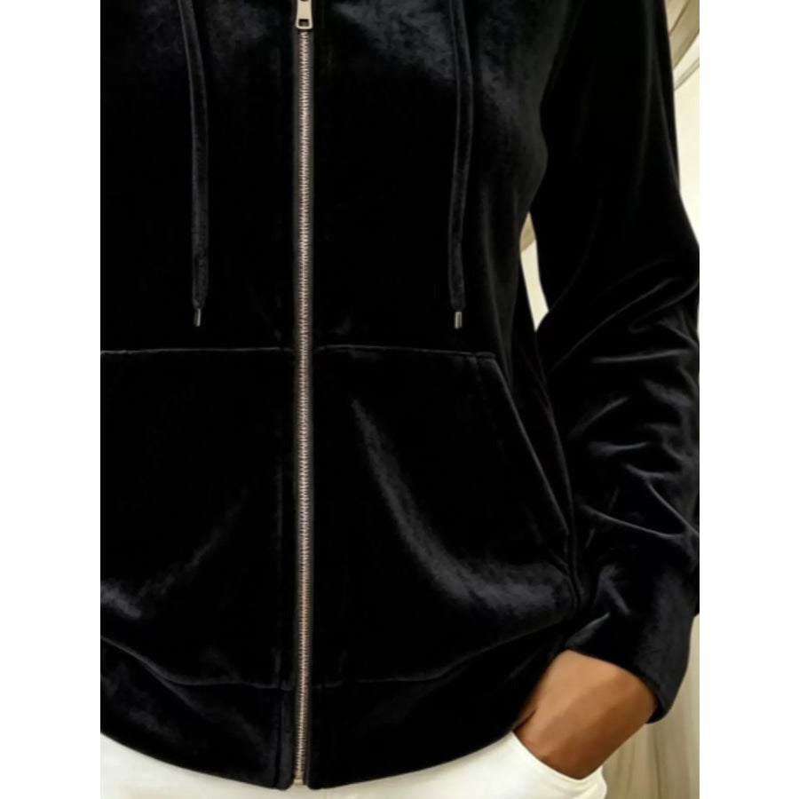 Full Size Velvet Zip-Up Outerwear with Drawstring Plus Apparel and Accessories