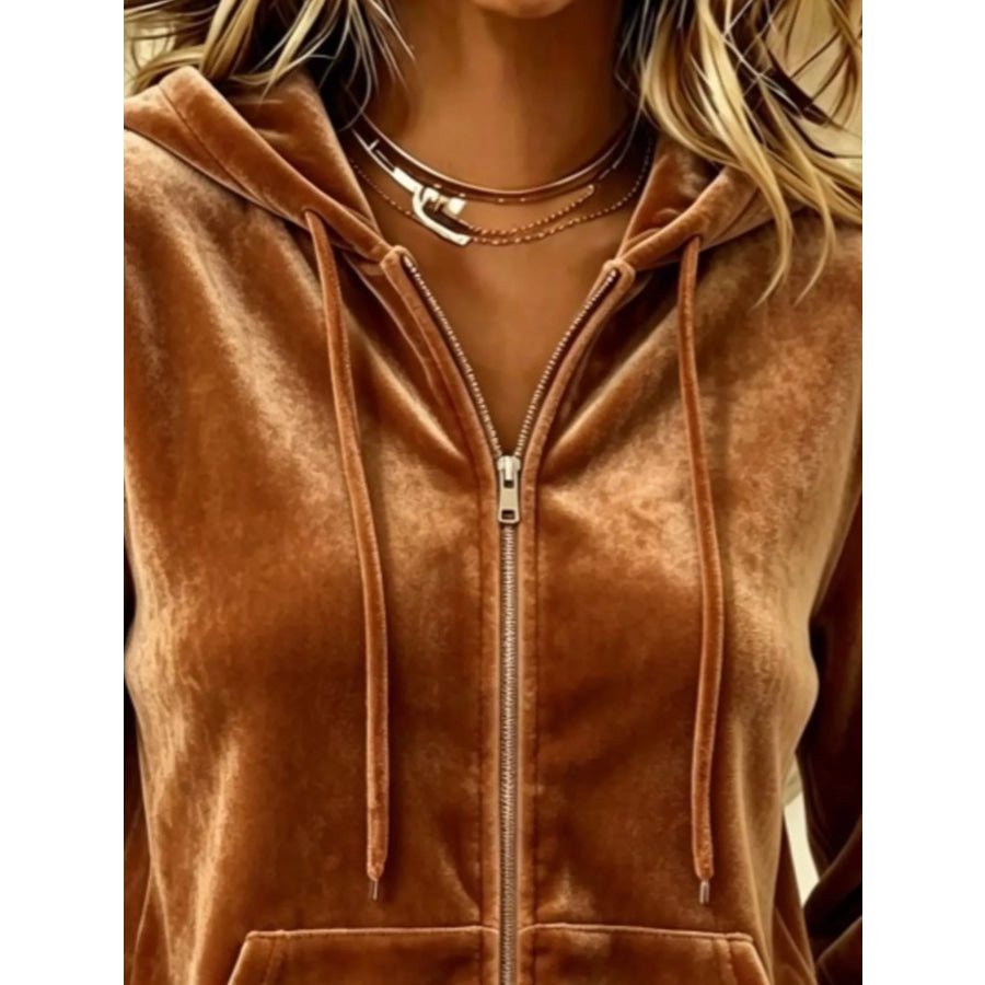 Full Size Velvet Zip-Up Outerwear with Drawstring Plus Apparel and Accessories