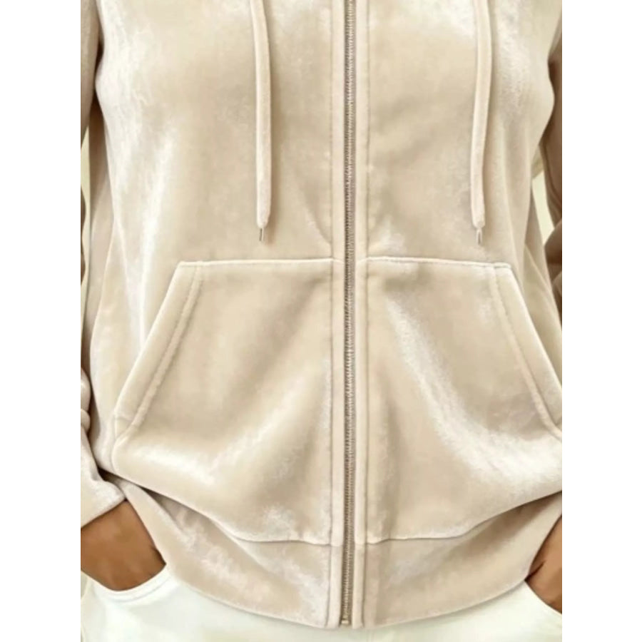 Full Size Velvet Zip-Up Outerwear with Drawstring Plus Apparel and Accessories