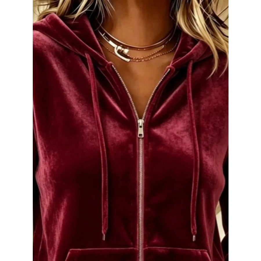 Full Size Velvet Zip-Up Outerwear with Drawstring Plus Apparel and Accessories