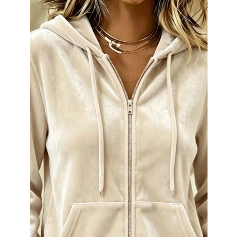 Full Size Velvet Zip-Up Outerwear with Drawstring Plus Apparel and Accessories