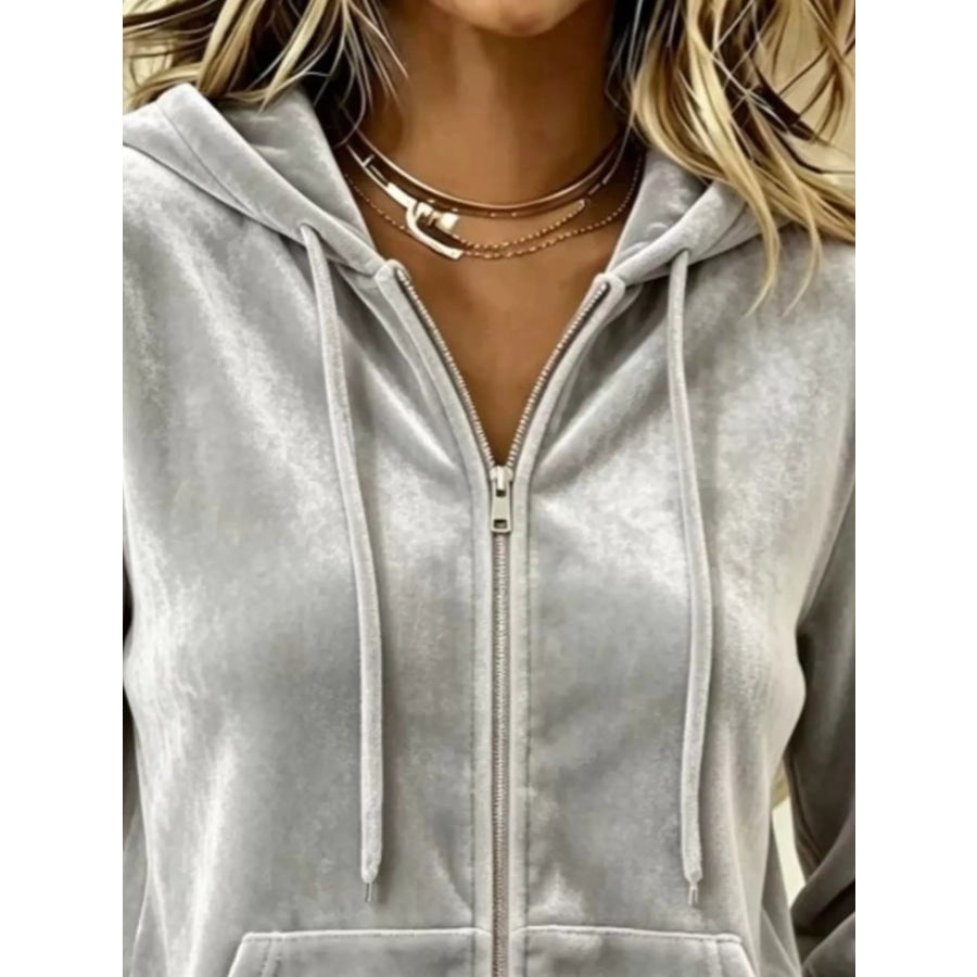 Full Size Velvet Zip-Up Outerwear with Drawstring Plus Apparel and Accessories