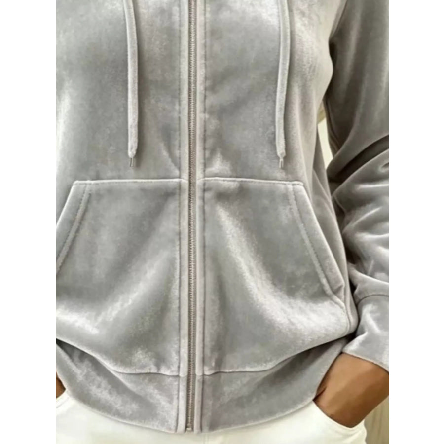 Full Size Velvet Zip-Up Outerwear with Drawstring Plus Apparel and Accessories