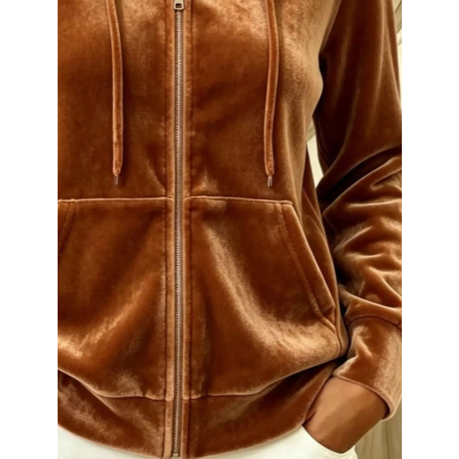 Full Size Velvet Zip-Up Outerwear with Drawstring Plus Apparel and Accessories