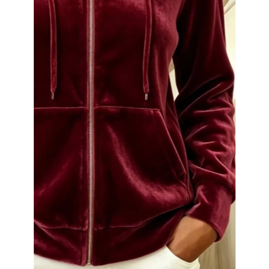 Full Size Velvet Zip-Up Outerwear with Drawstring Plus Apparel and Accessories
