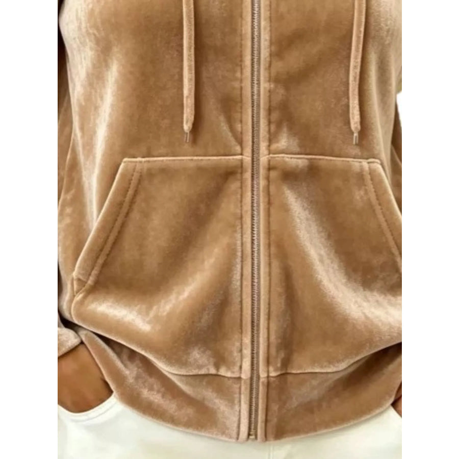 Full Size Velvet Zip-Up Outerwear with Drawstring Plus Apparel and Accessories