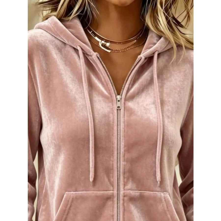 Full Size Velvet Zip-Up Outerwear with Drawstring Plus Apparel and Accessories