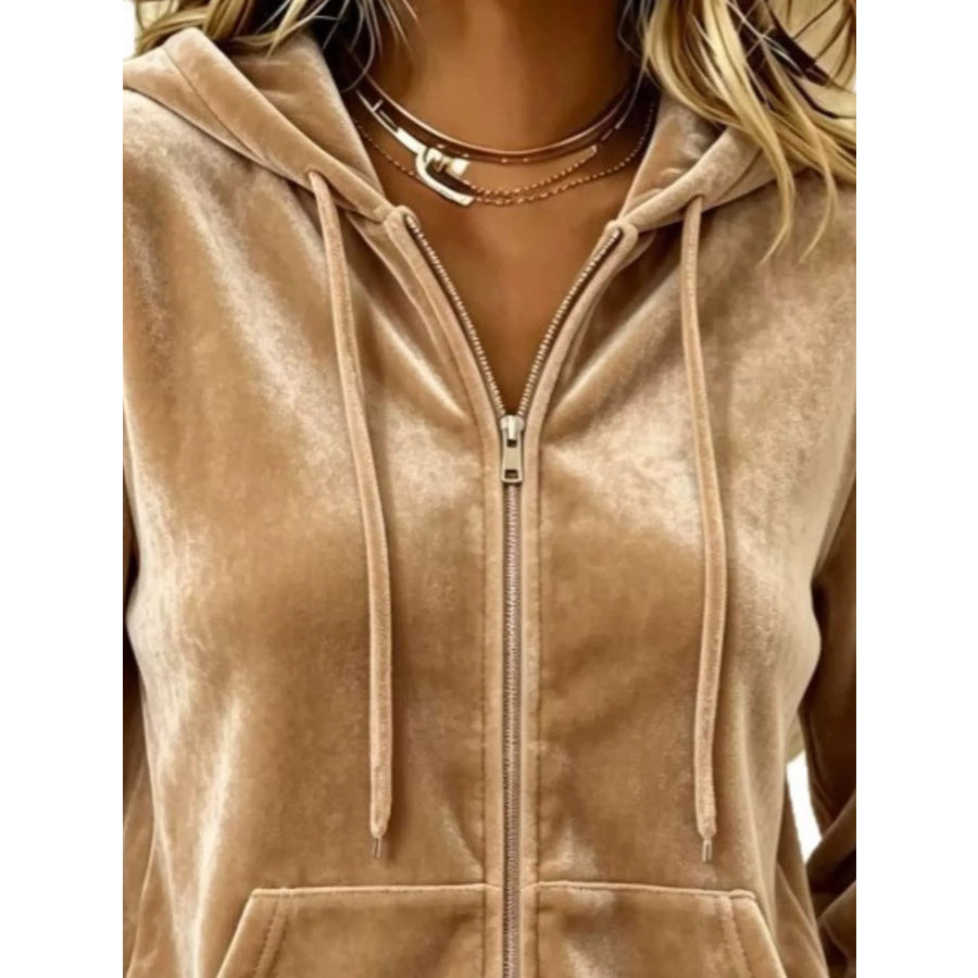 Full Size Velvet Zip-Up Outerwear with Drawstring Plus Apparel and Accessories