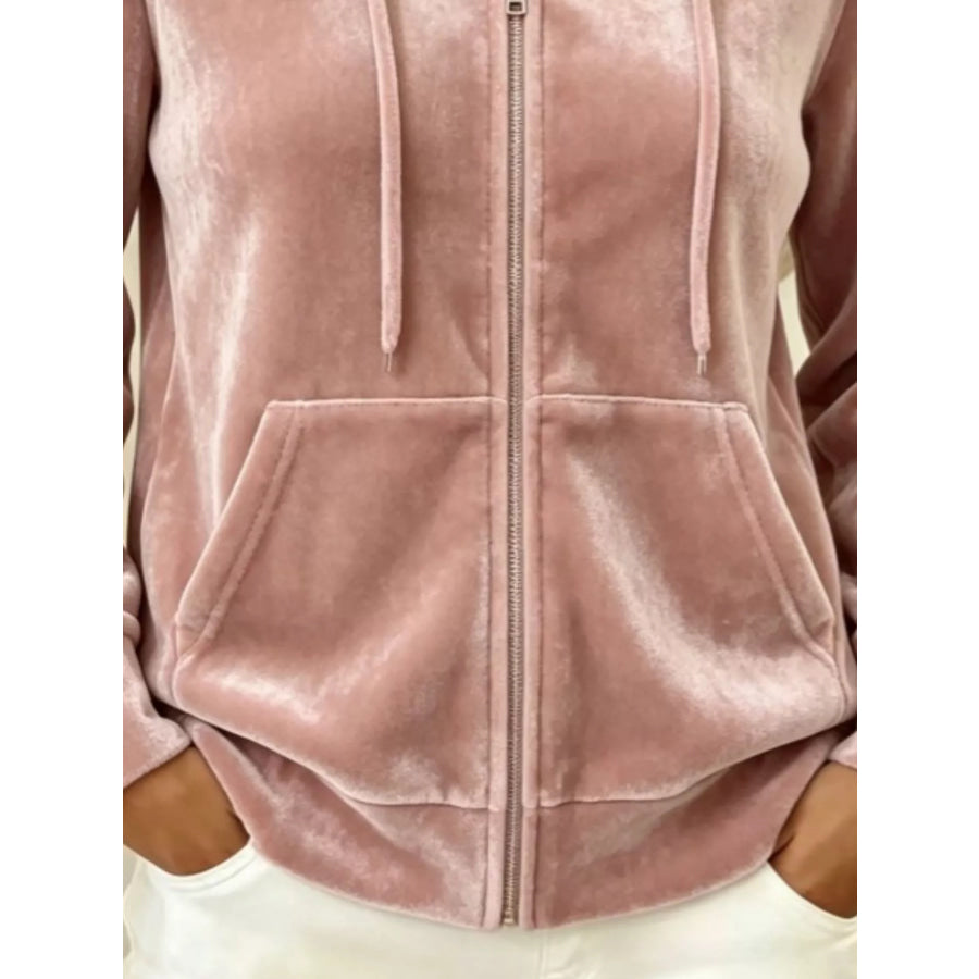 Full Size Velvet Zip-Up Outerwear with Drawstring Plus Apparel and Accessories