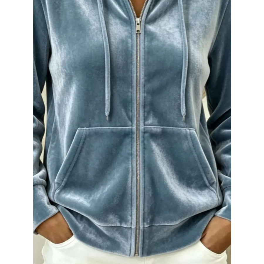 Full Size Velvet Zip-Up Outerwear with Drawstring Plus Apparel and Accessories