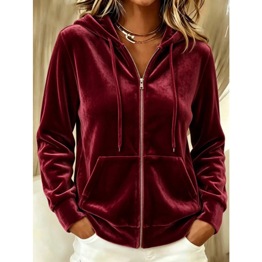 Full Size Velvet Zip-Up Outerwear with Drawstring Plus Burgundy / S Apparel and Accessories